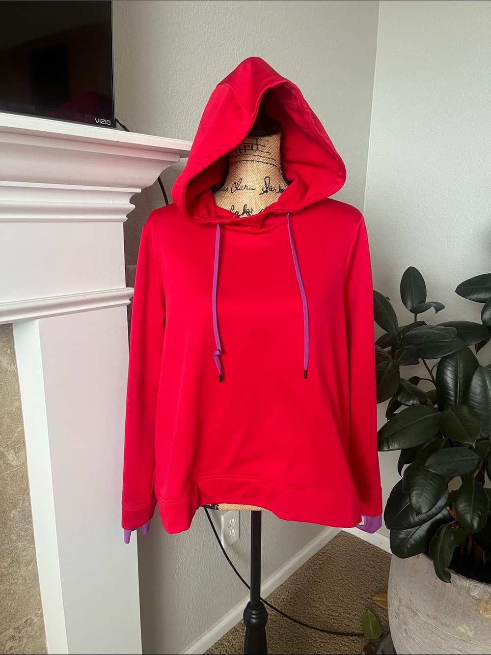 Women’s Red Hooded Pullover Sweater with Contrast Drawstrings